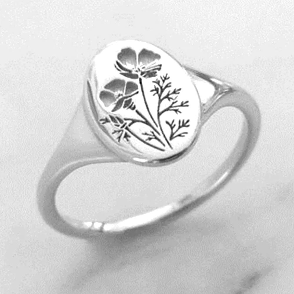 New Minimalist Bohemian Orchid Sterling Silver Signet Floral Engraved Ring - Picture 4 of 15